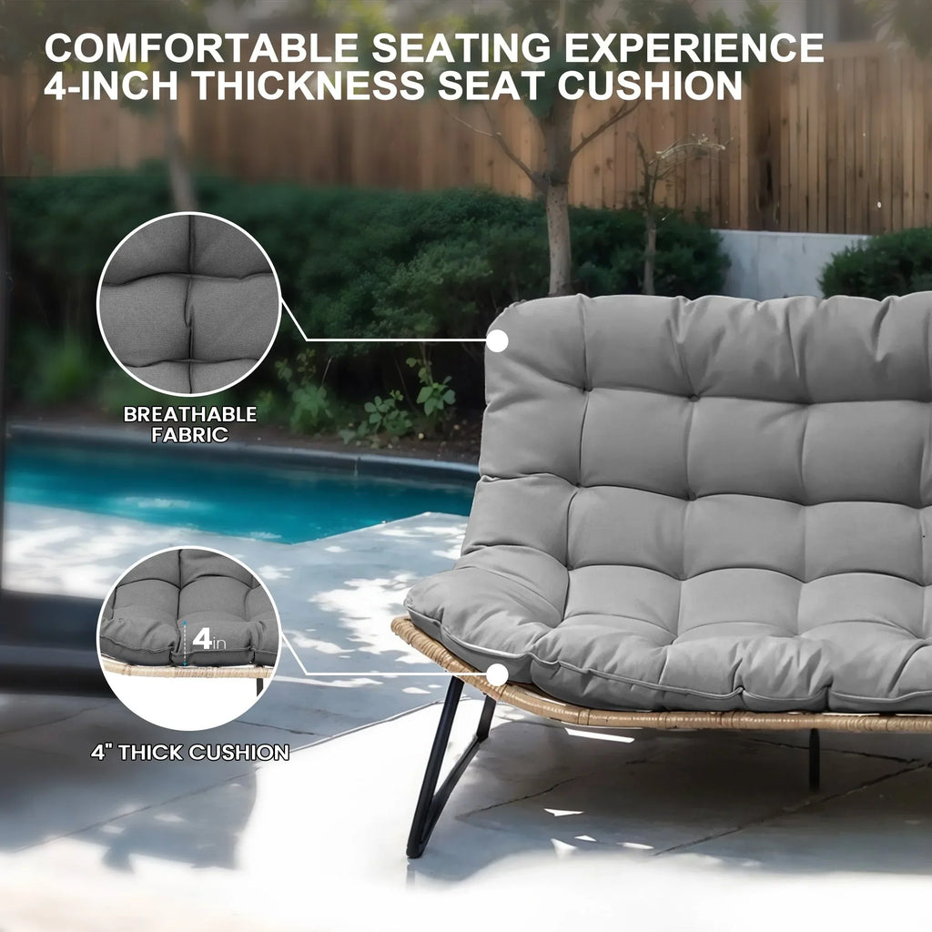 Διπλή πολυθρόνα Papasan Loveseat με μαξιλάρι, από ρατάν PE παντός καιρού και μεταλλικό σκελετό για εσωτερικούς και εξωτερικούς χώρους