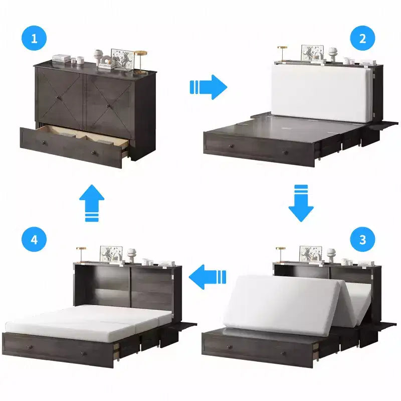 Mjkone Murphy Bed Queen, Αναδιπλούμενο κρεβάτι-ντουλάπι Cube με σταθμό φόρτισης & αποθηκευτικό χώρο